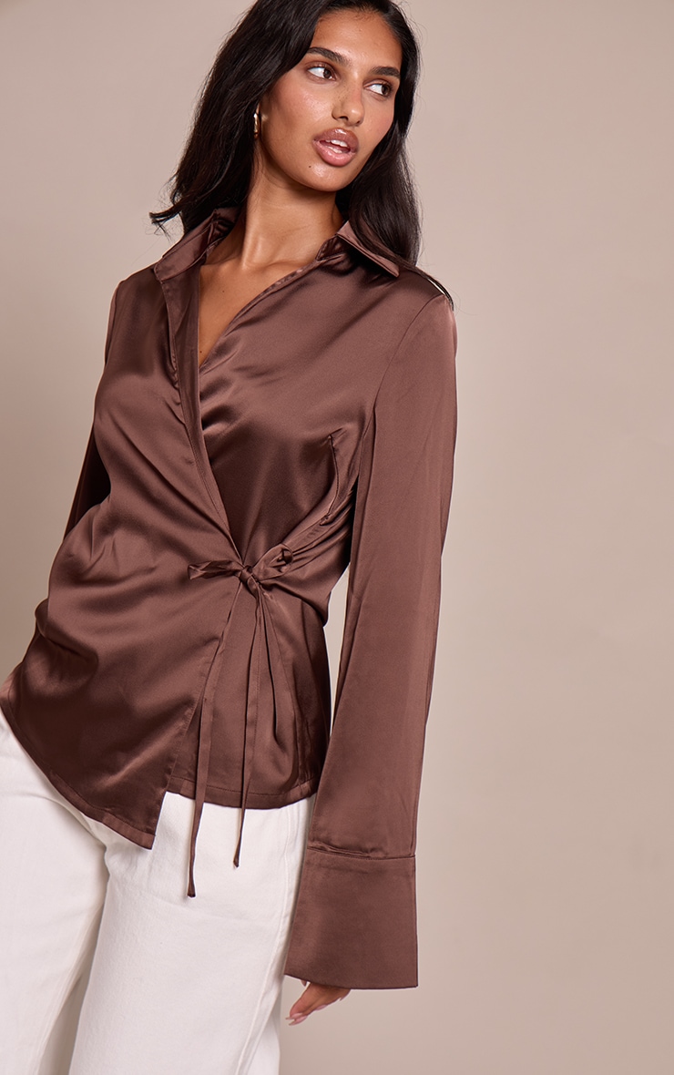 Chocolate Satin Tie Waist Detail Slouchy Shirt image 1