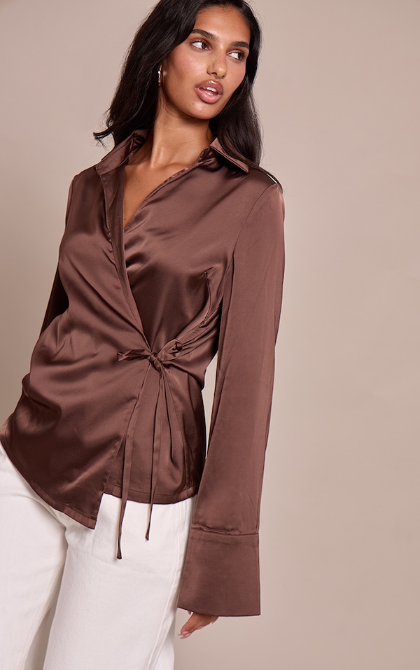 Chocolate Satin Tie Waist Detail Slouchy Shirt