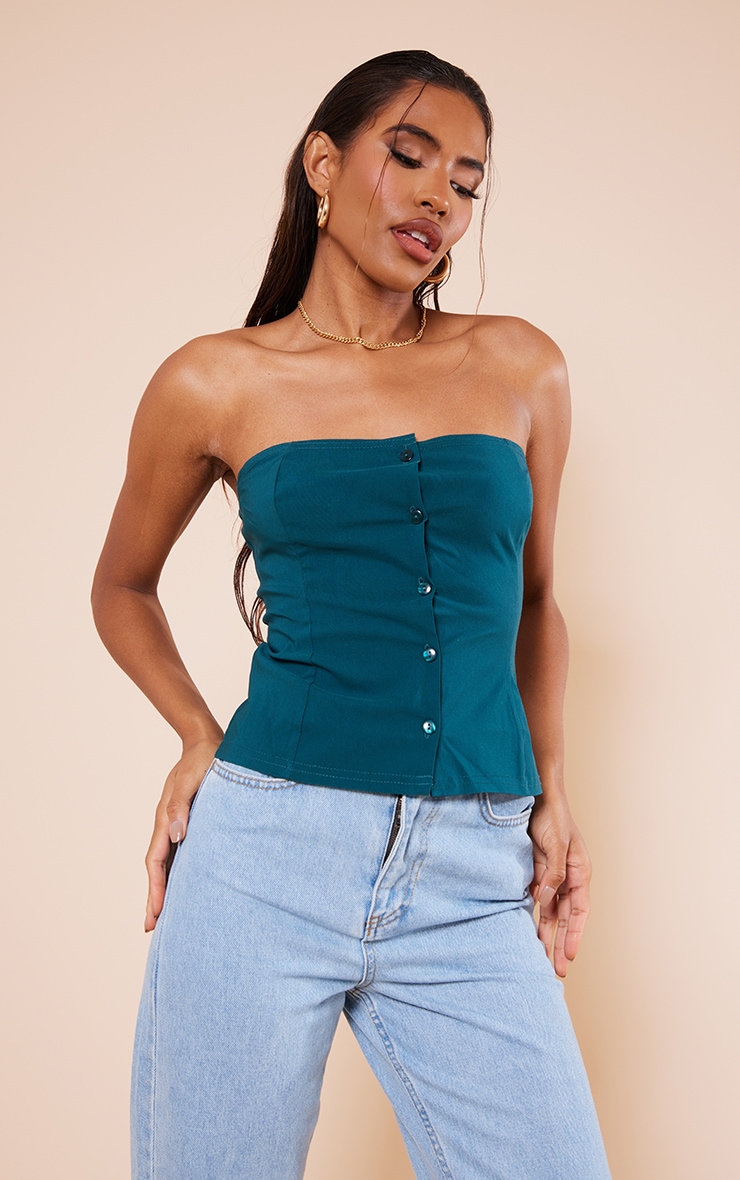 Dark Green Stretch Woven Button Front Corset