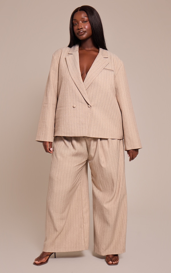 Plus Taupe Pinstripe Pleated Wide Leg Pants
