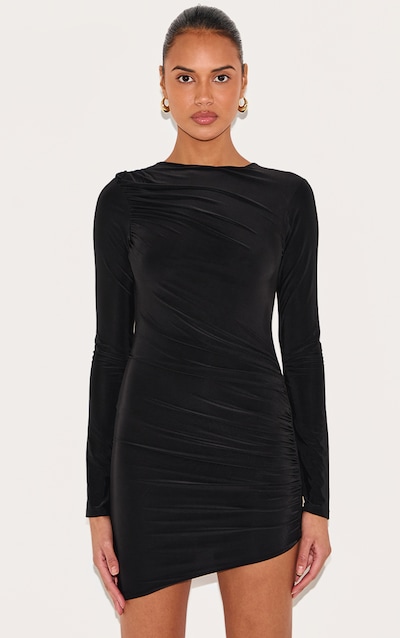 Black Double Layer Slinky Ruched Long Sleeve Mini Dress