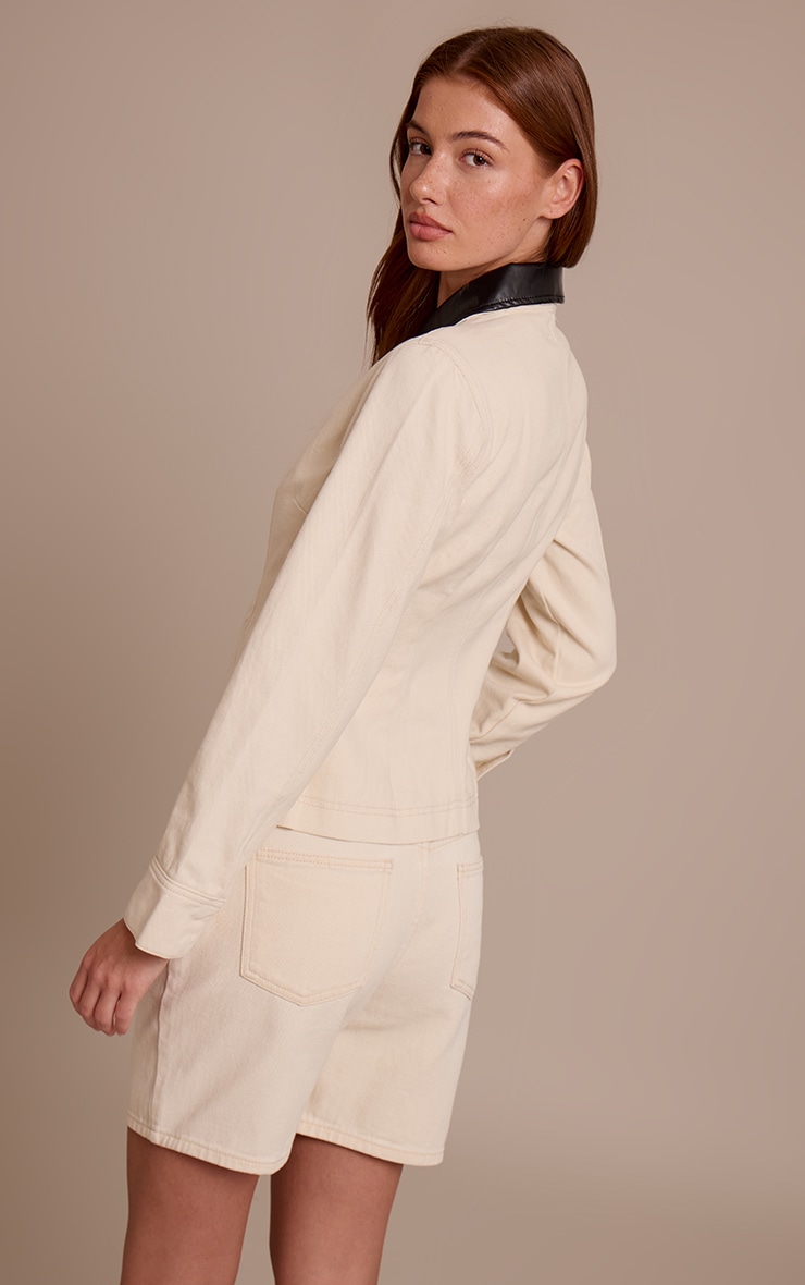 Ecru Contrast Collar Cinched Denim Jacket image 2