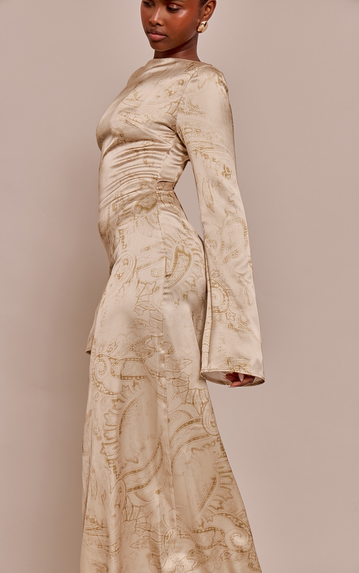 Pale Chartreuse Paisley Printed Satin Flute Sleeve Maxi Dress image 4