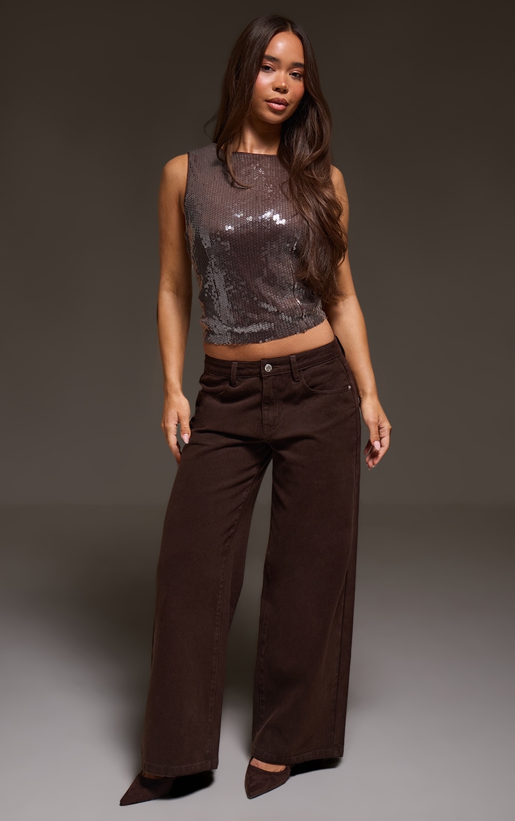 Brown Sequin Cowl Back Boatneck Fitted Top  image 3