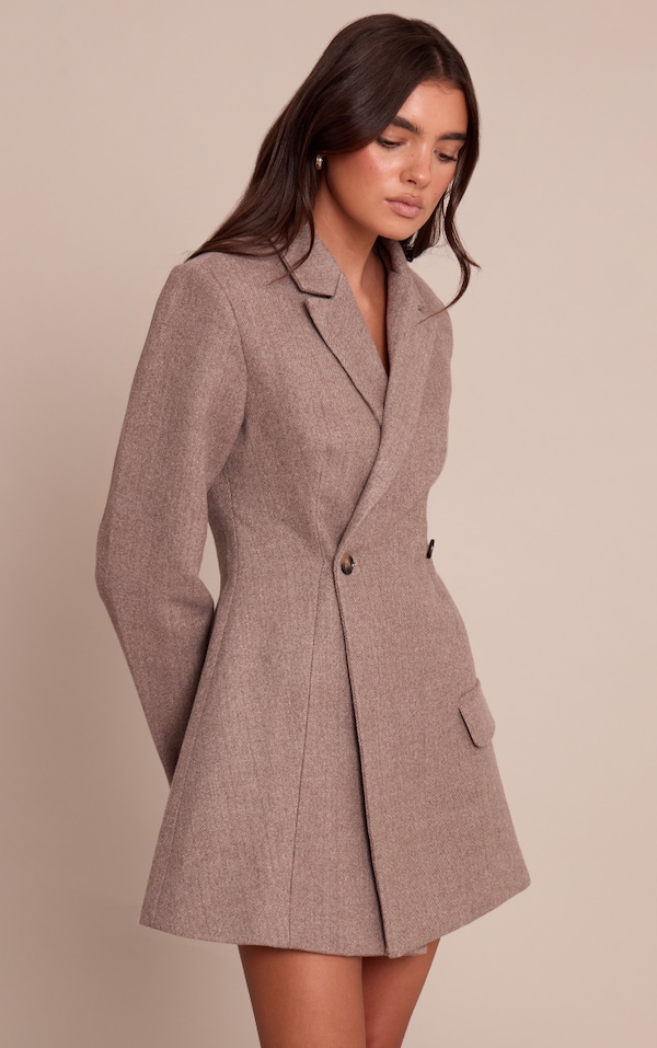 Robe blazer en effet laine taupe à taille cintrée