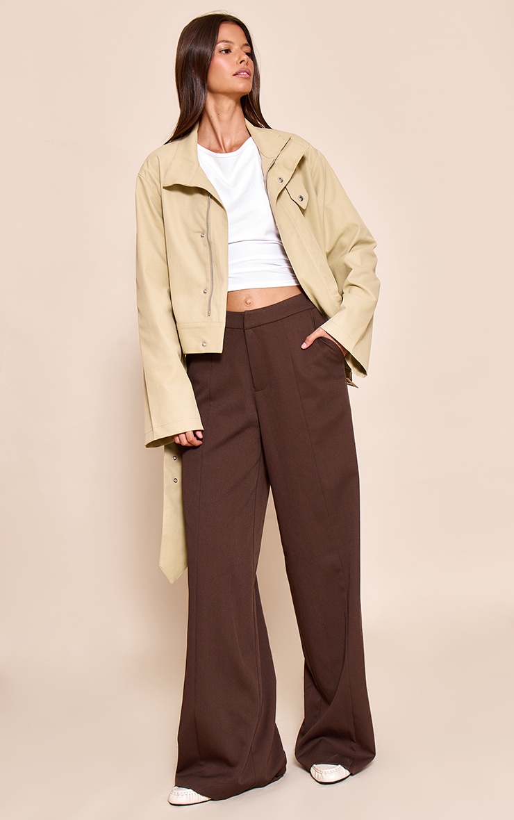 Beige Cropped Belted Biker Jacket image 3