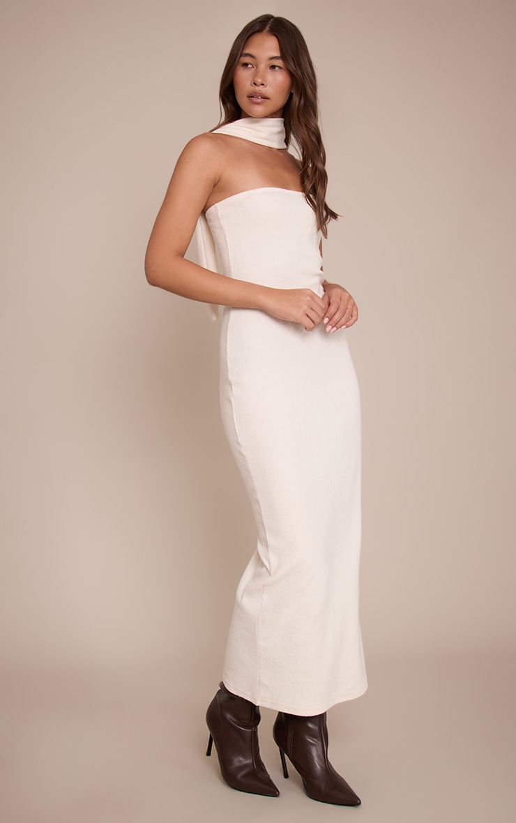 Cream Brushed Rib Scarf Detail Bandeau Maxi Dress image 3