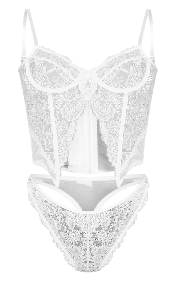 White Split Front Detail Lace Corset Lingerie Set