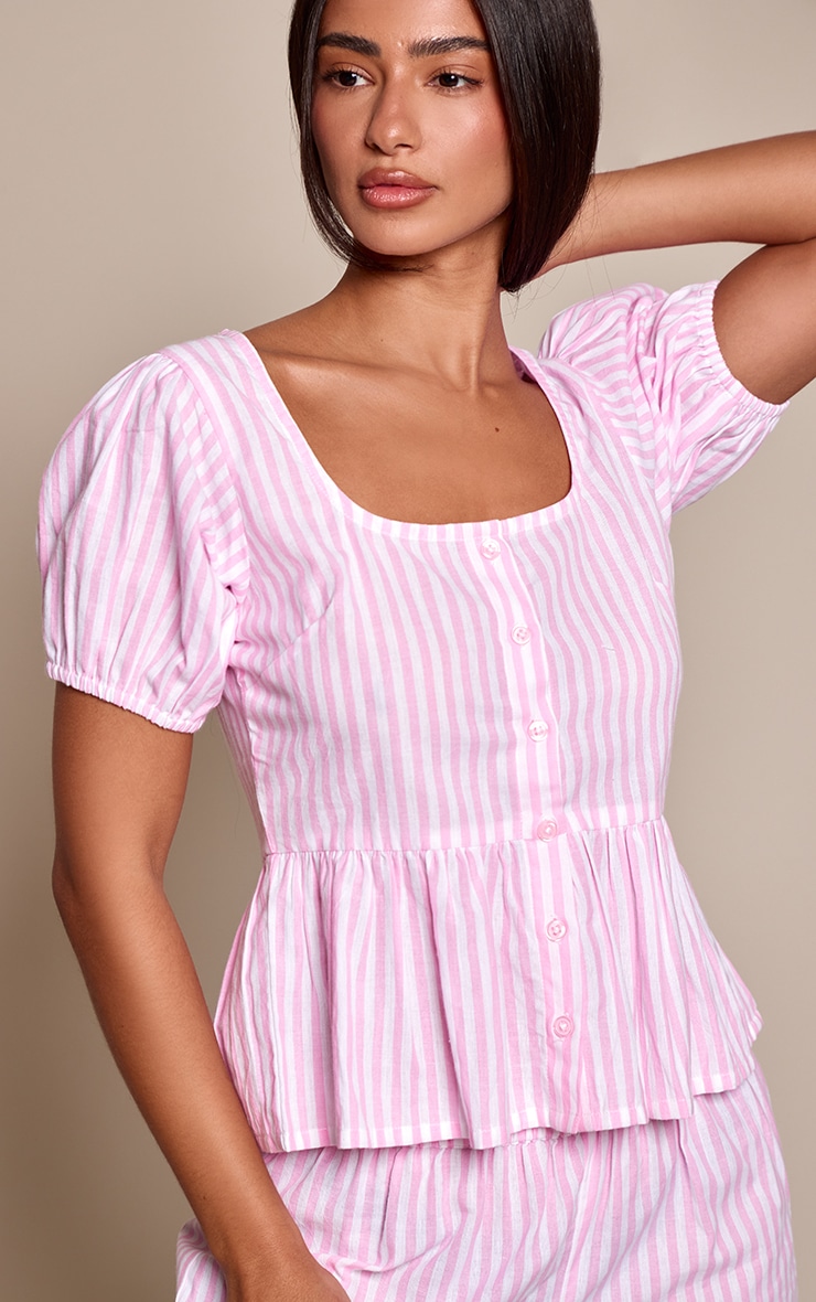 Petite Pink Stripe Cotton Puff Sleeve Button Up Blouse
