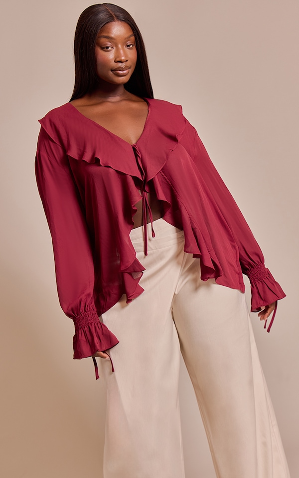 Plus Wine Chiffon Ruffle Tie Front Blouse