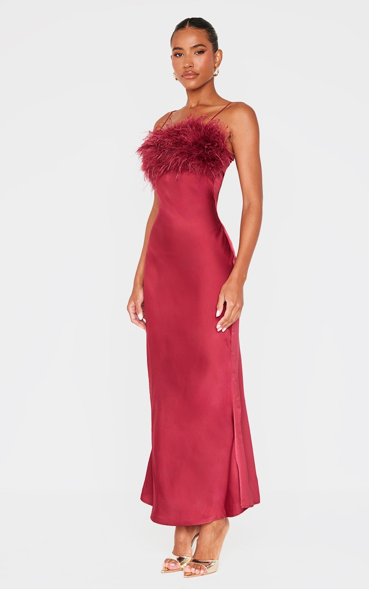 Burgundy Satin Feather Bust Detail Maxi Dress image 3