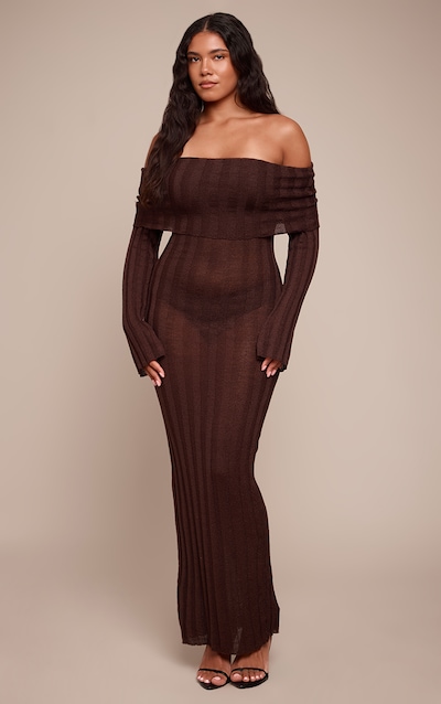Shape Chocolate Fold Over Bardot Rib Maxi Dress