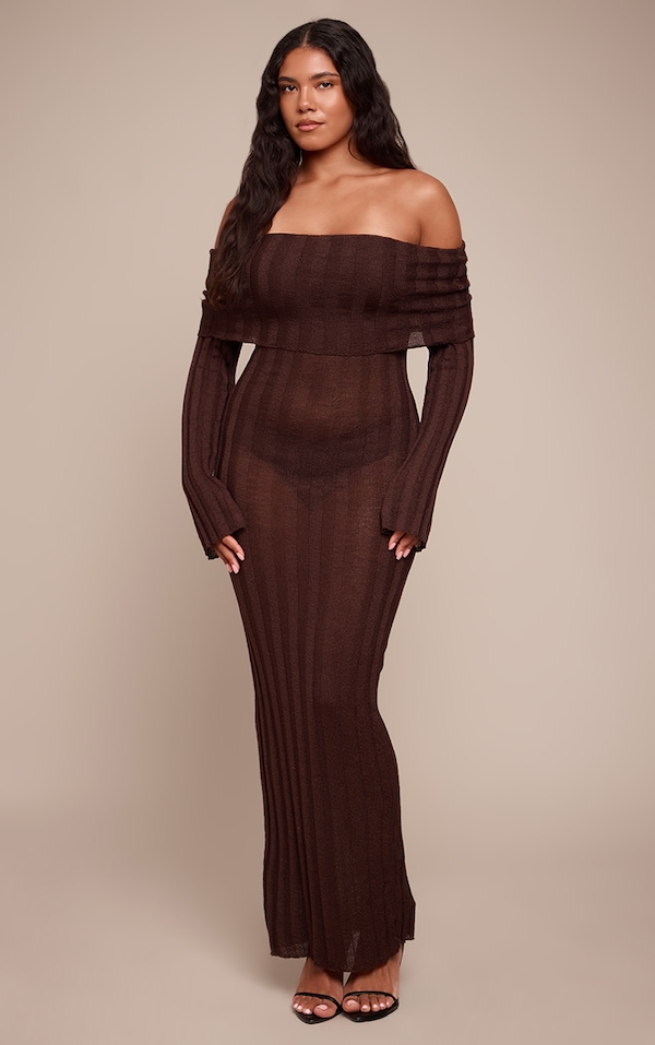 Shape Chocolate Fold Over Bardot Rib Maxi Dress