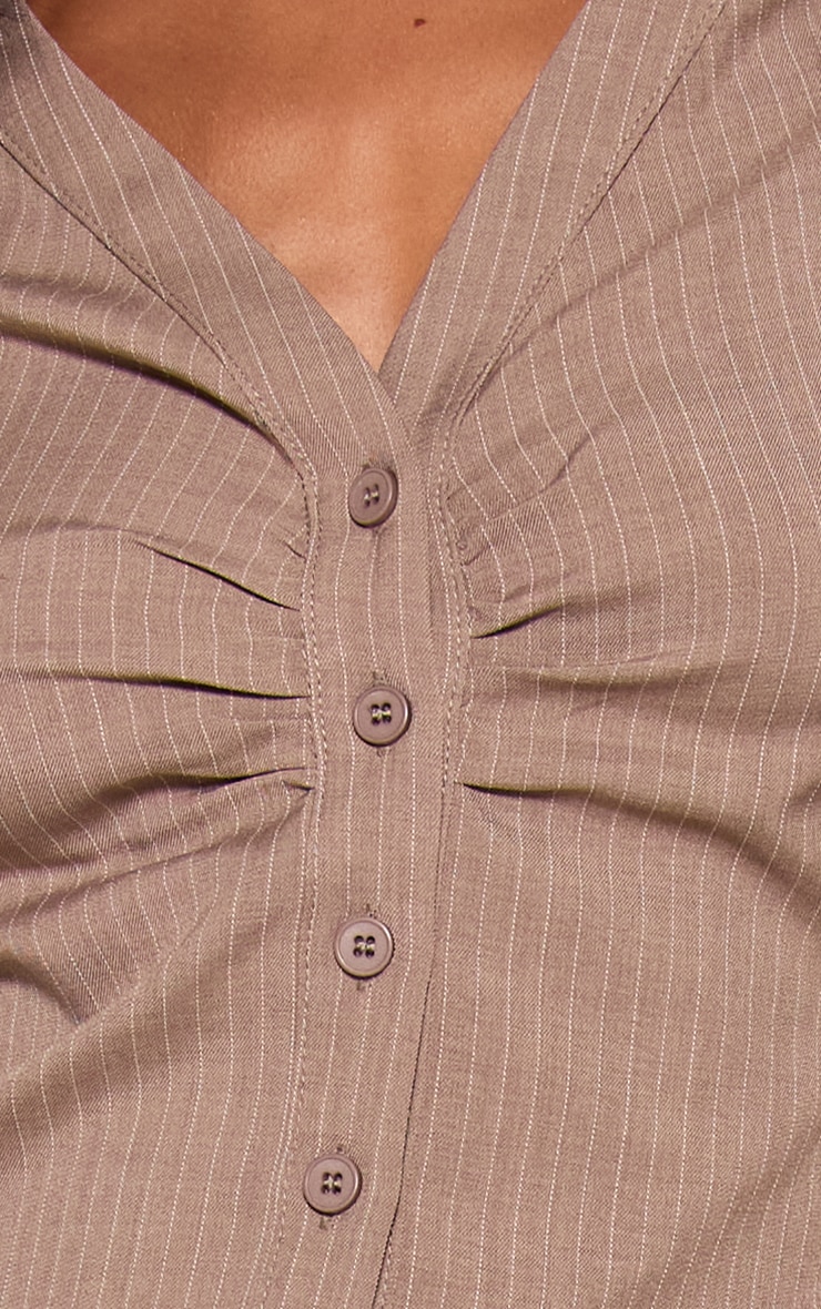 Petite Taupe Pinstripe Ruched Bust Button Up Shirt image 4