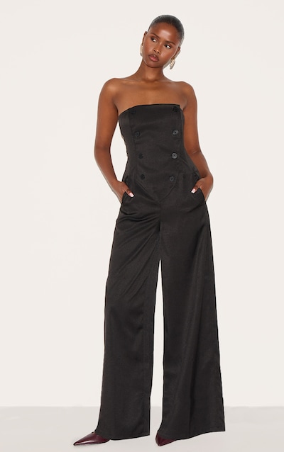 Black Tailored Woven Button Up Wide Leg Bandeau Jumpsuit