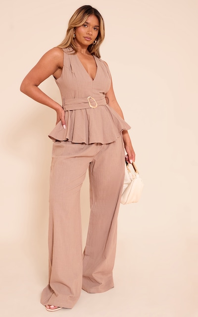 Shape Pantalon large en effet lin café au lait à taille haute