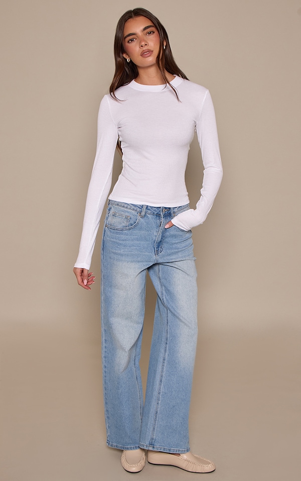 Mid Blue High Waist Straight Leg Stretch Jeans