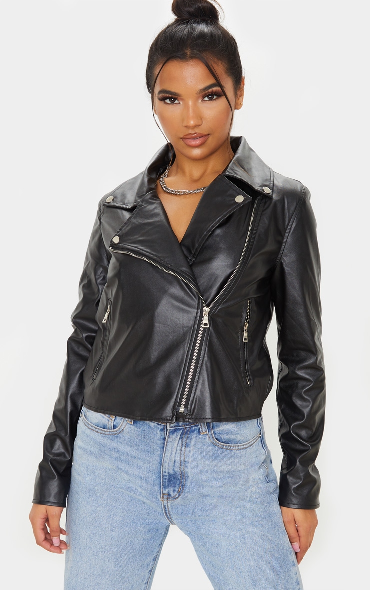 Veste biker en imitation cuir noir avec zip