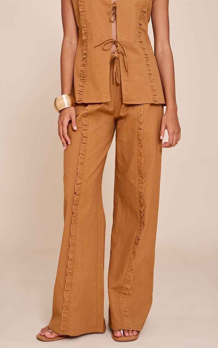 Pantalon large en effet lin marron clair à cordons ajustables image 2