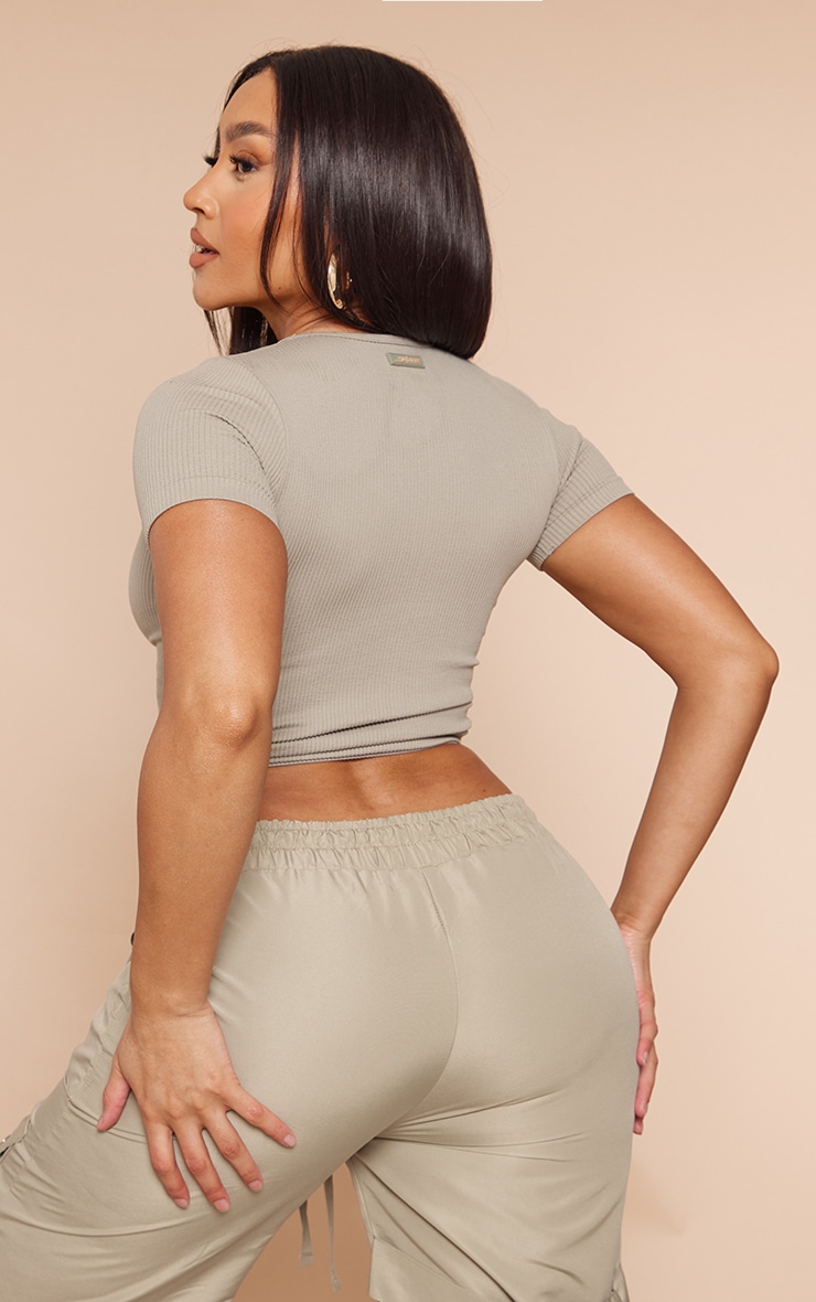 Shape Moss Grey Contour Rib Branded Ruched Side Crop Top image 2