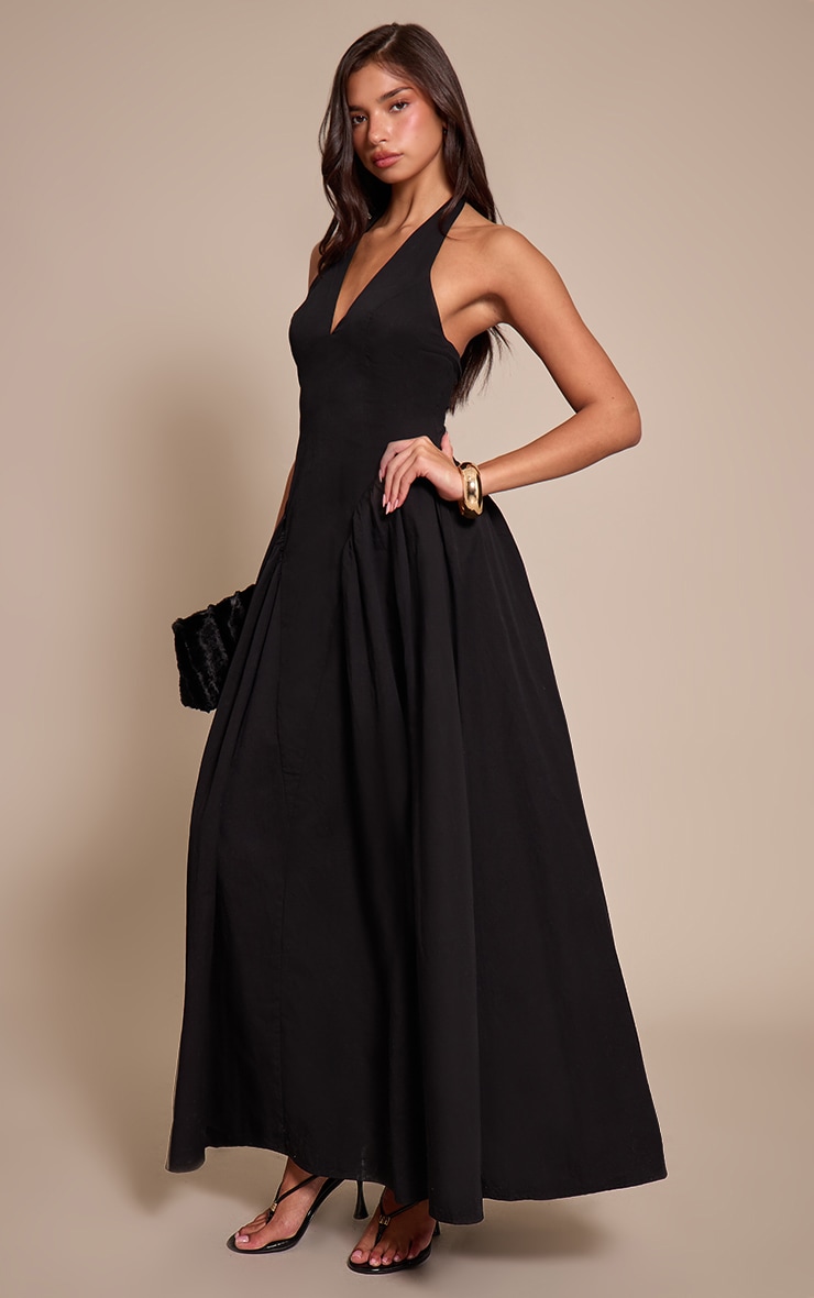 Black Woven Halterneck Plunge Midaxi Dress image 3