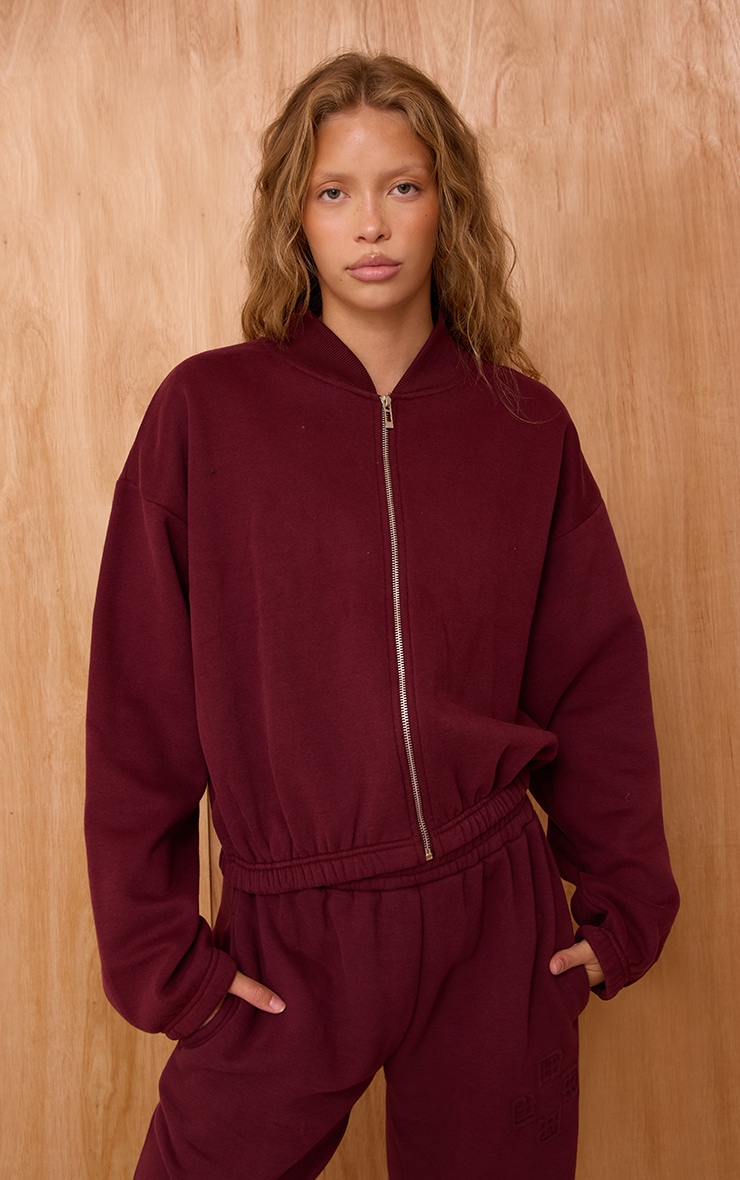 Wine Cotton Fleece Bomber Jacket image 1