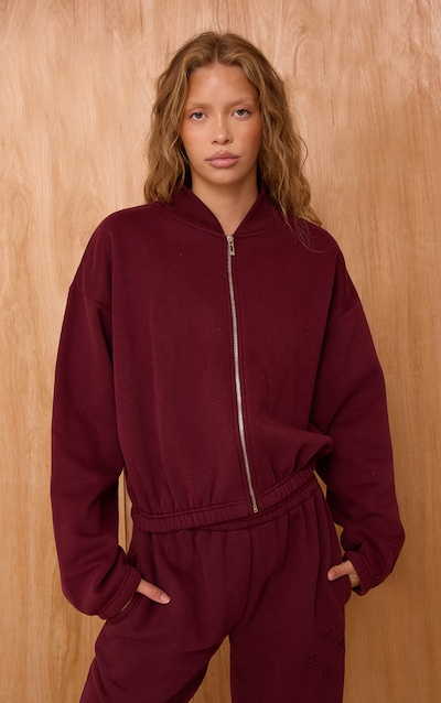 Wine Cotton Fleece Bomber Jacket