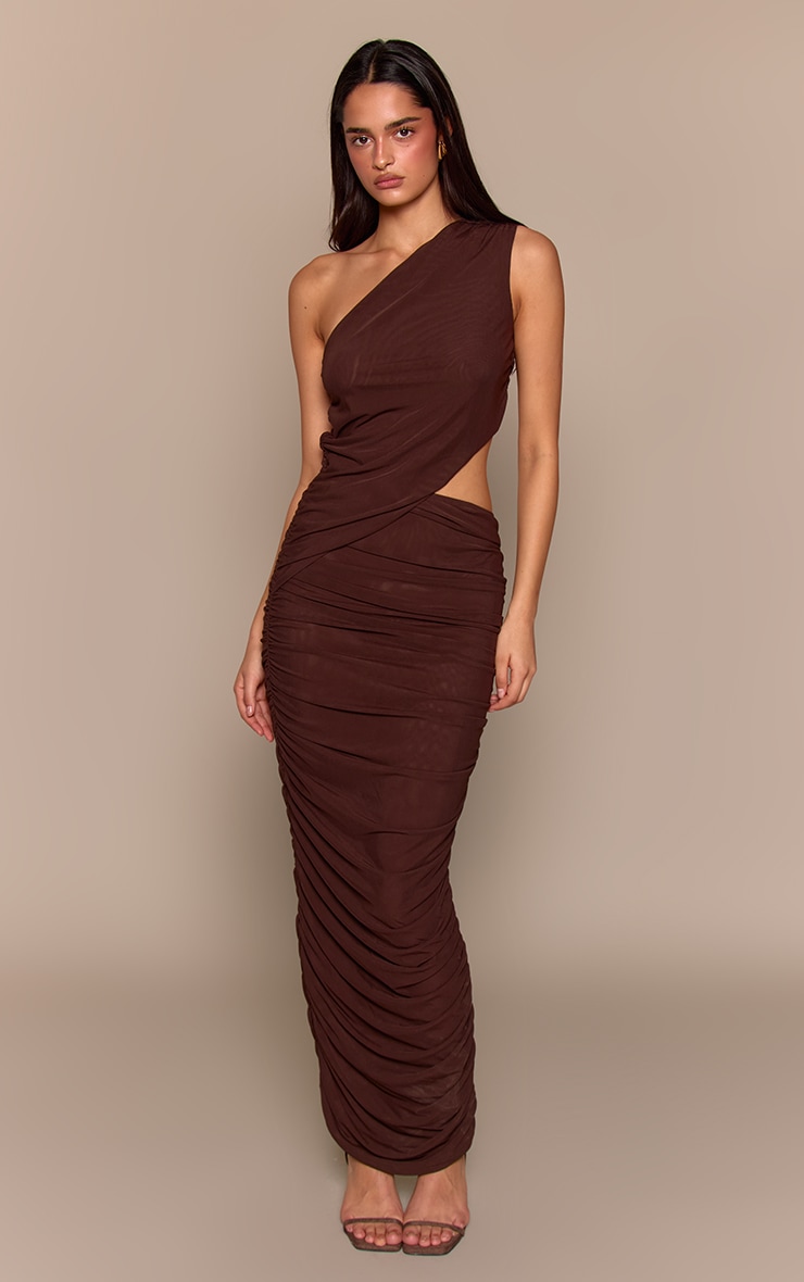 Chocolate One Shoulder Ruched Maxi Dress image 1