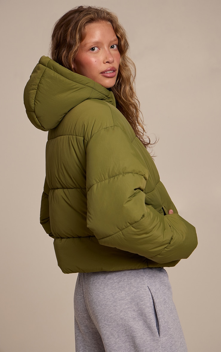 Khaki Cropped Drawstring Puffer Jacket image 2