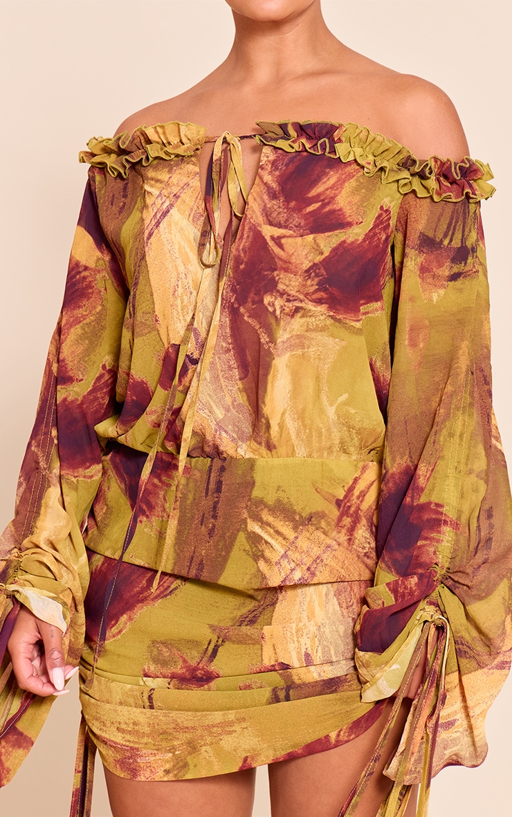Shape Olive Abstract Print Off Shoulder Frill Ruched Mini Dress image 4