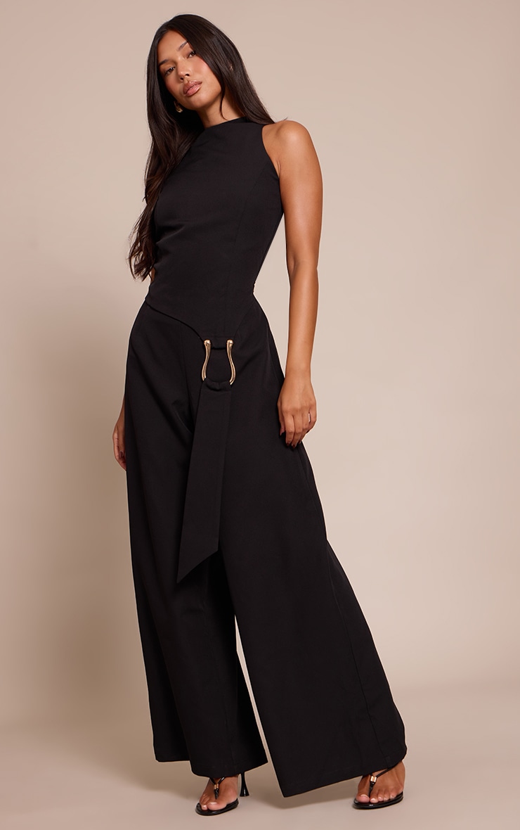 Black Woven Belt Trim Detail Straight Leg Jumpsuit image 3