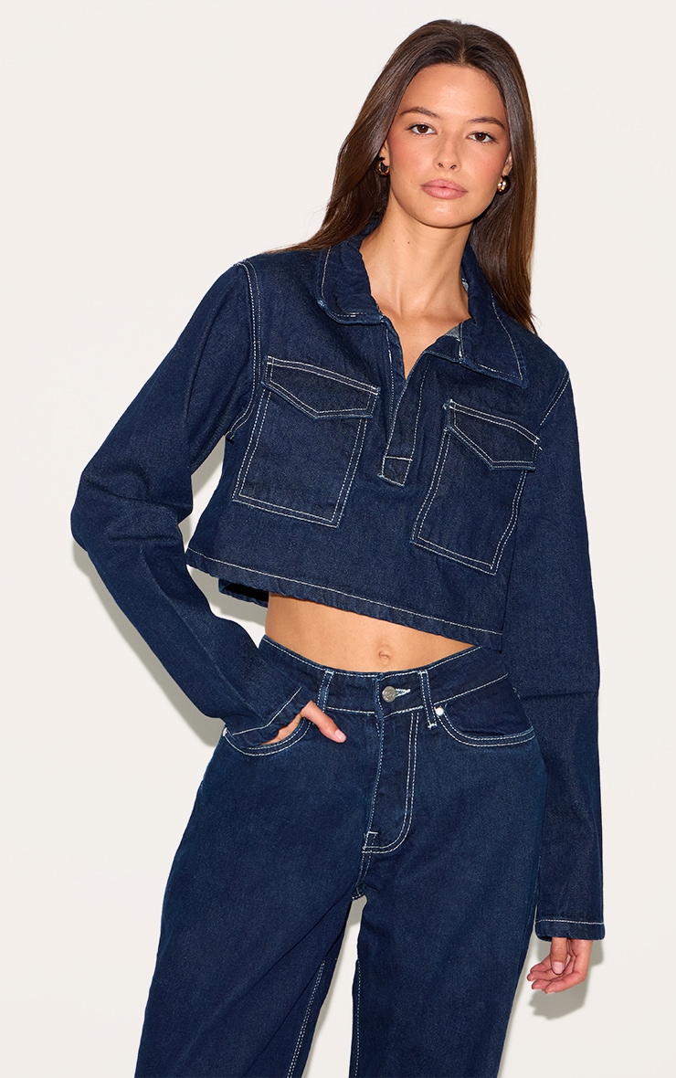 Chemise courte en jean indigo à coutures contrastantes image 1