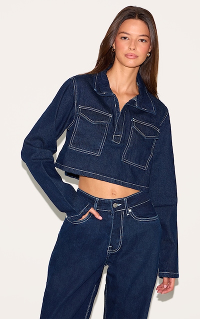 Indigo Contrast Stitch Seam Detail Cropped Denim Shirt