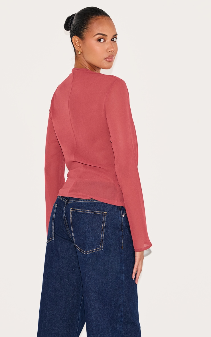 Blush Rose Chiffon Long Sleeve Sheer Cowl Blouse image 2