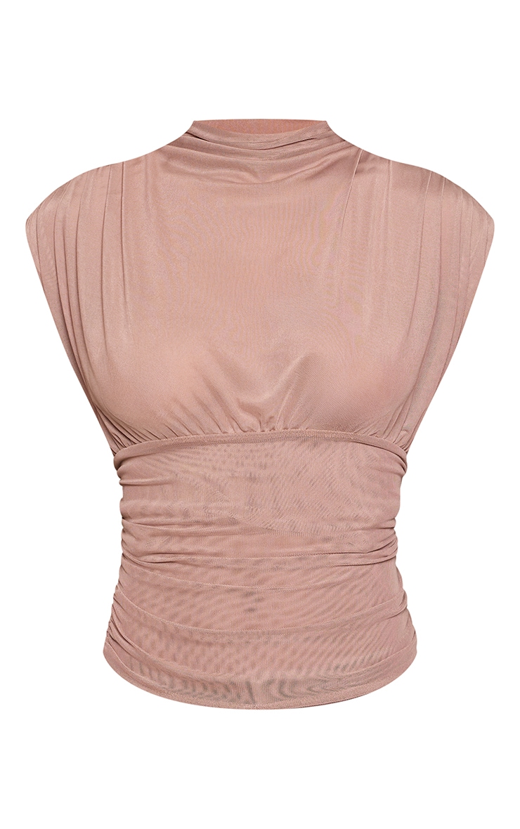 Taupe Mesh High Neck Waist Detail Top  image 5