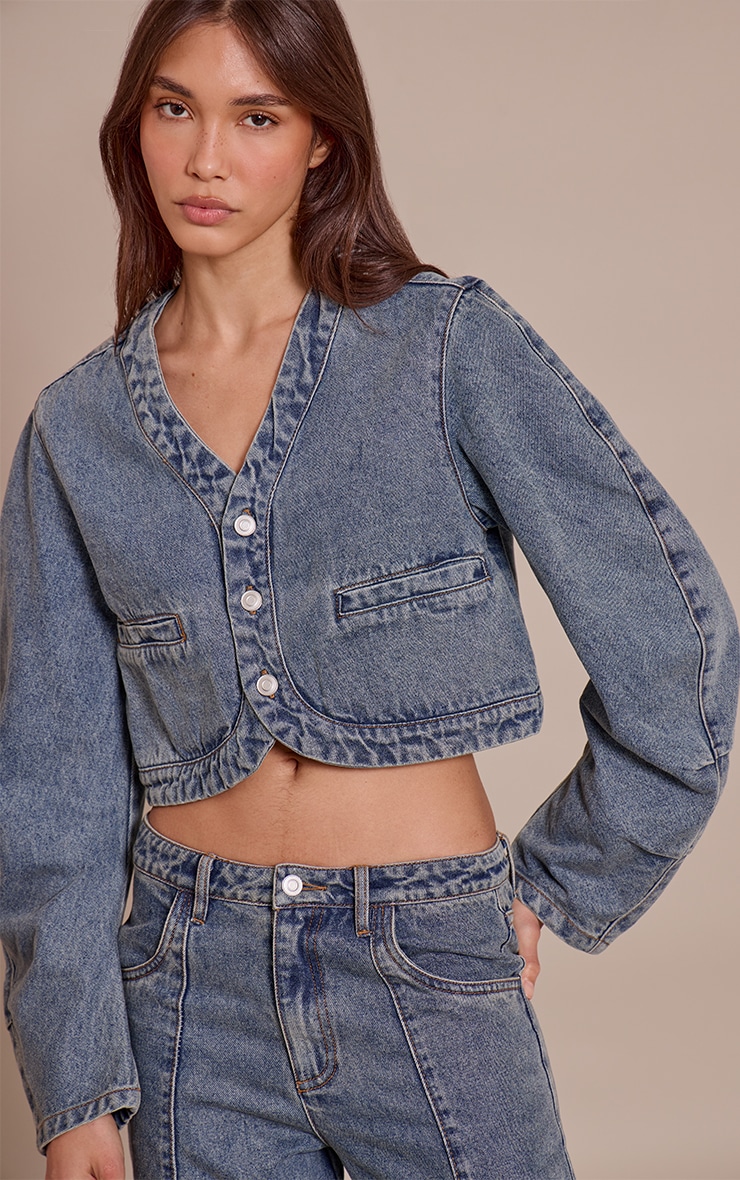 Vintage V Neck Curved Hem Cropped Denim Jacket