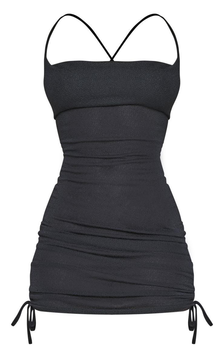 Robe courte en maille noire froncée sur les côtés à col bénitier ...