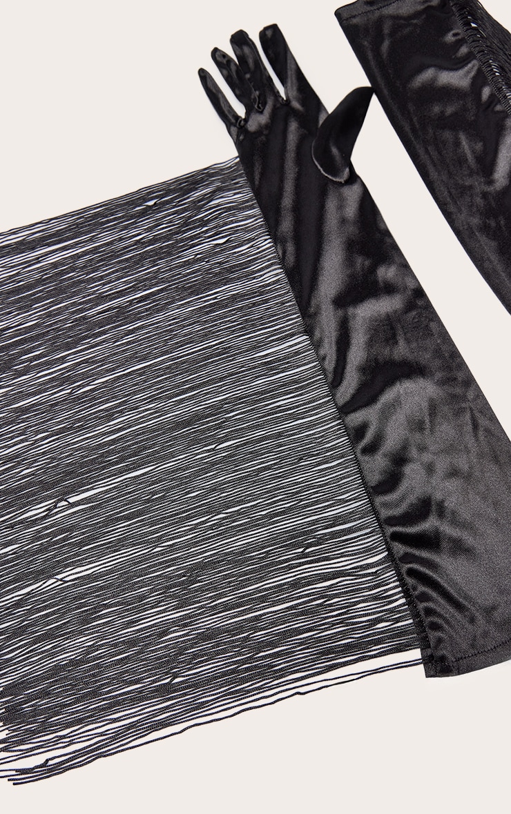 Black Satin Fringe Detail Long Gloves image 3