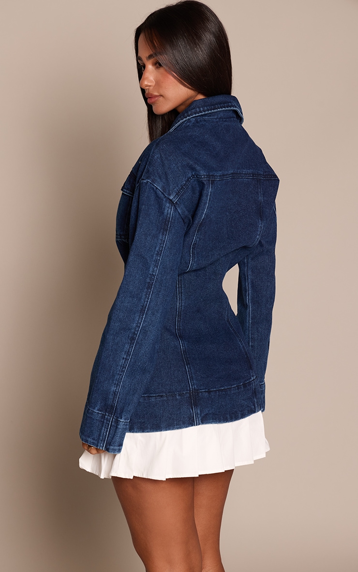 Petite Indigo Denim Fitted Mini Dress With Pleat Details image 2