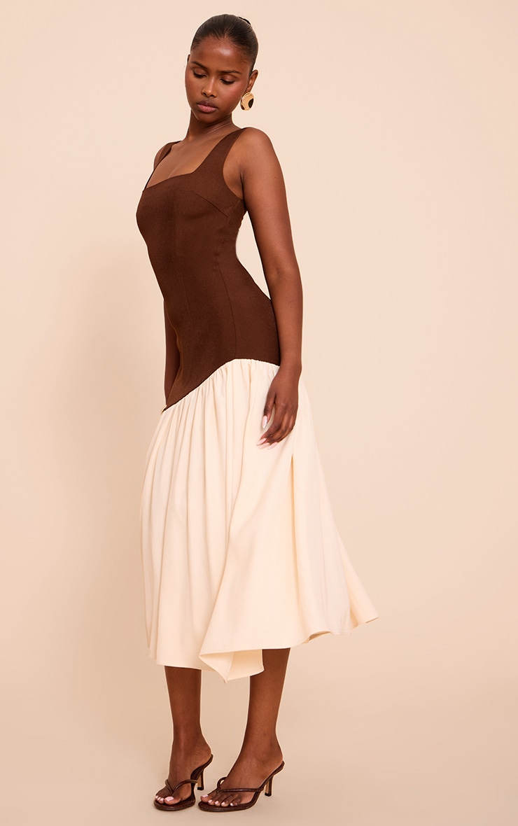 Chocolate Contrast Pleated Hem Square Neck Midaxi Dress image 3