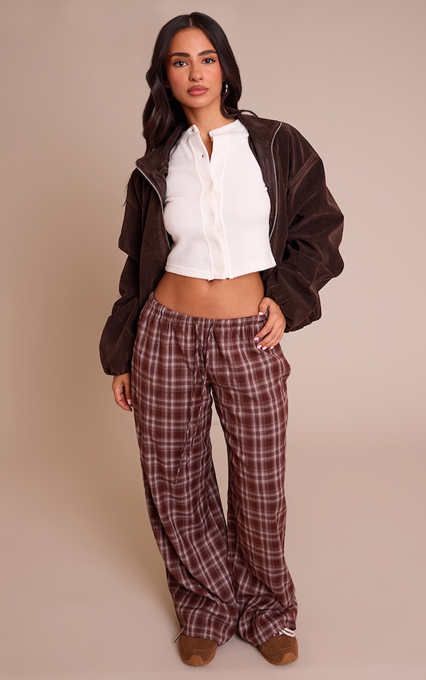 Petite Pantalon décontracté tissé marron imprimé carreaux à taille basse et cordons ajustables