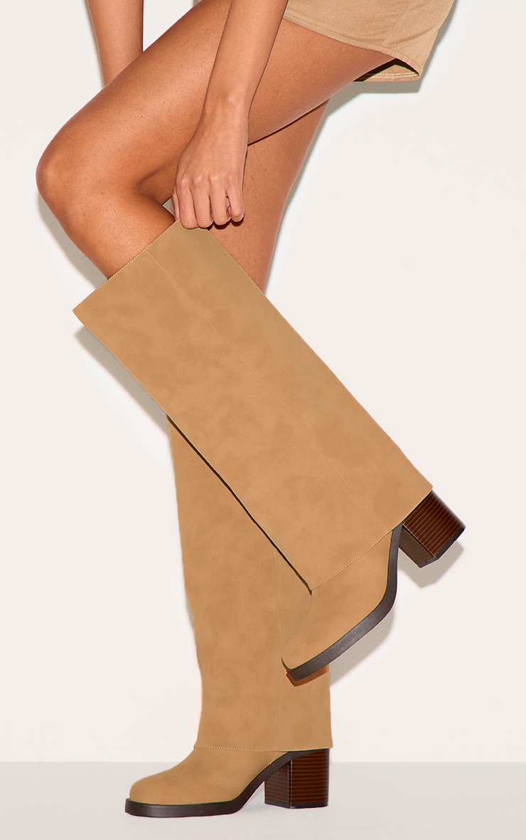 Camel Faux Nubuck Round Toe Fold Over Low Block Heel Boots image 4