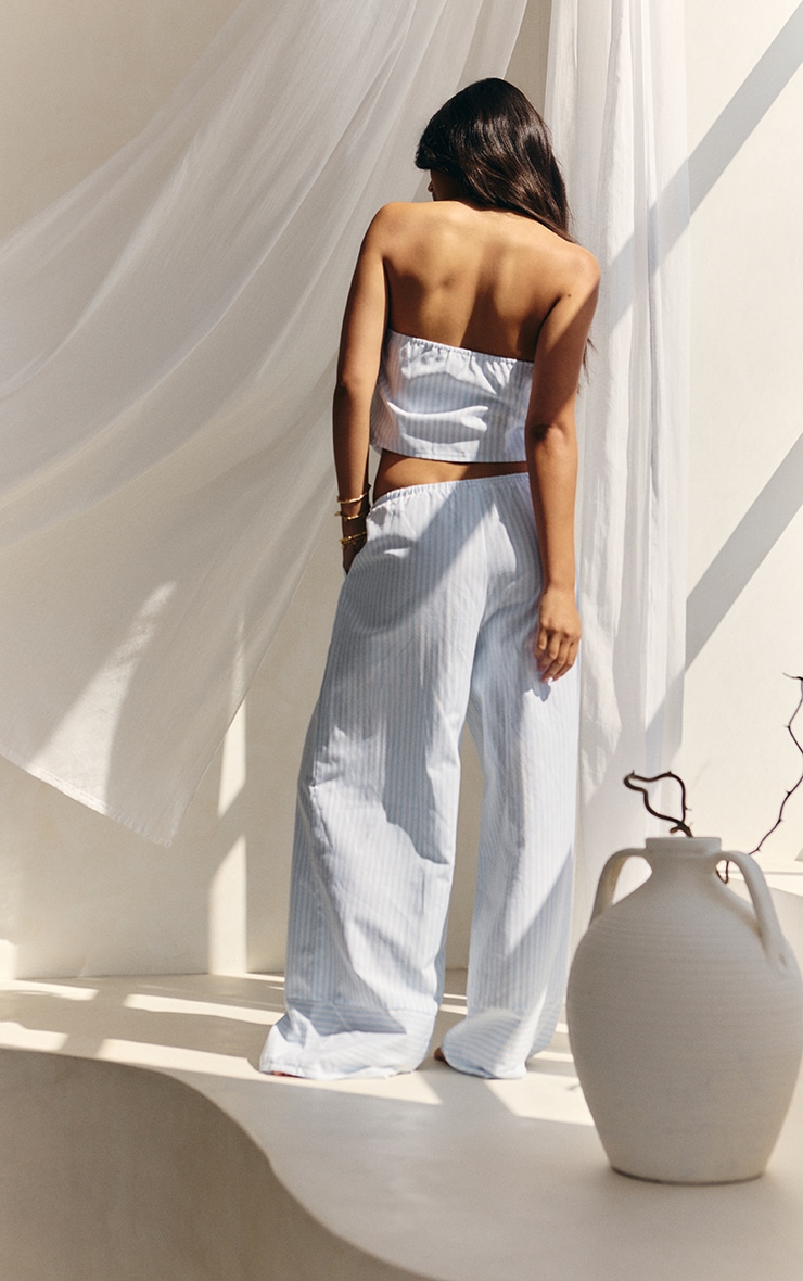 Blue Pinstriped Mid Rise Wide Leg Pants image 3