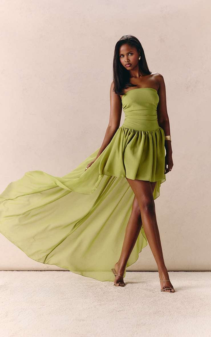 Apple Green Chiffon Ruched Bandeau Drape Mini Dress image 1