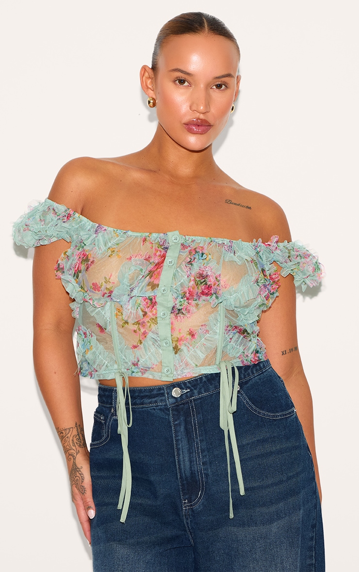 Plus Aqua Tie Detail Boned Mesh Corset Top image 1