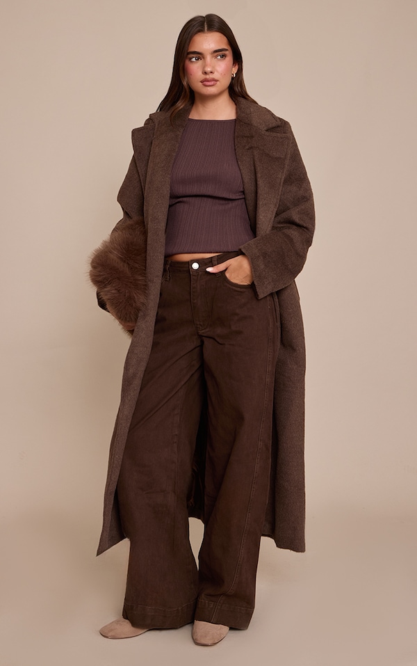 Chocolate Relaxed Mid Rise Seam Detail Wide Leg Jeans