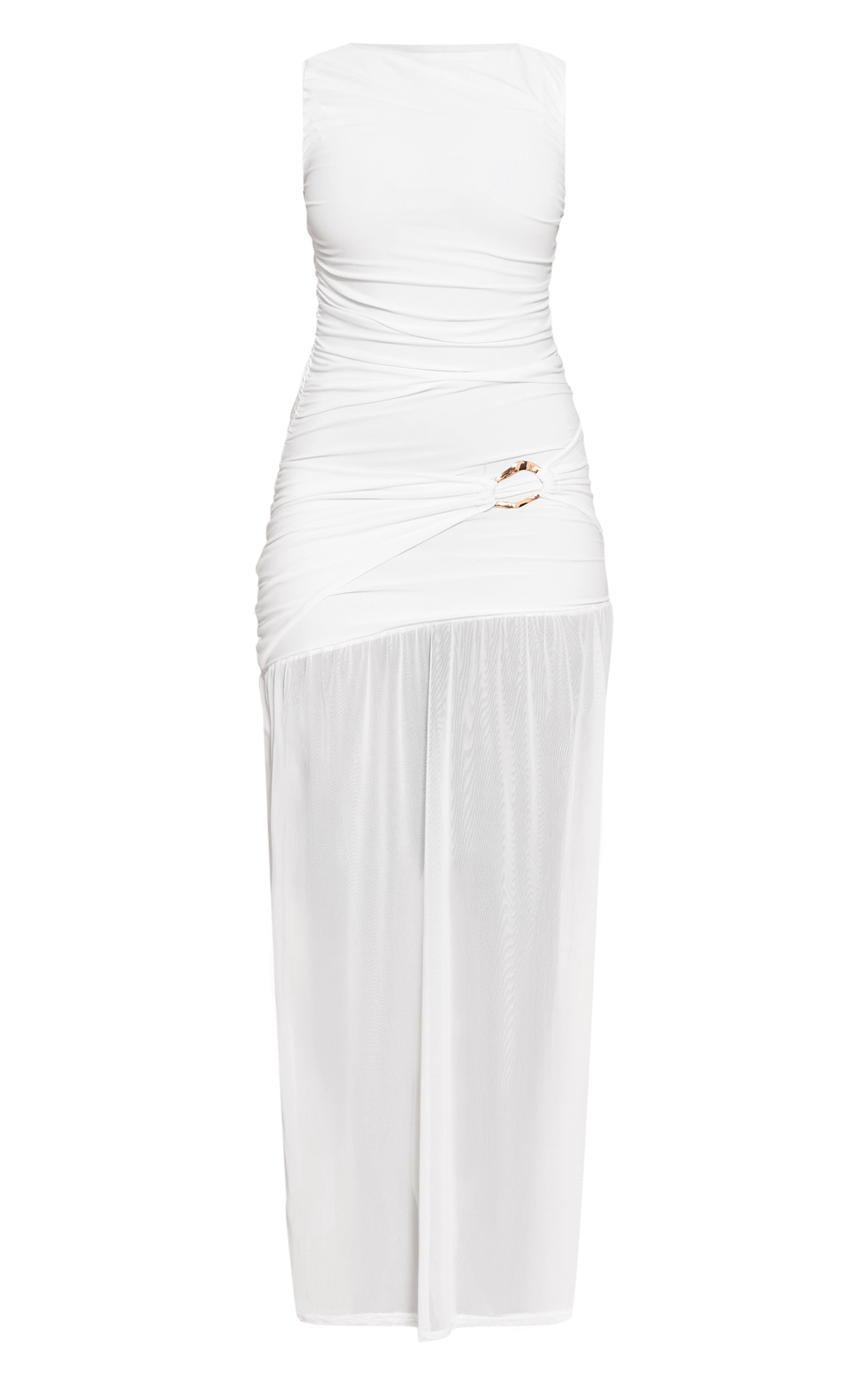 Shape White Boat Neck Ruched Gold Trim Dropped Hem Maxi Dress image 5