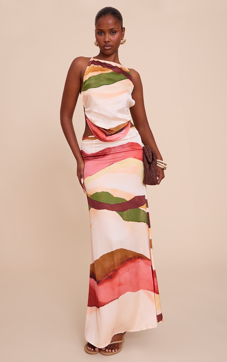 Multi Abstract Print Satin Floaty Maxi Skirt image 1