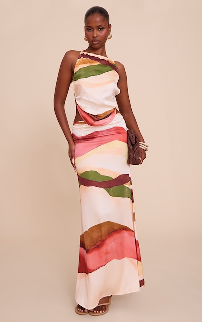 Multi Abstract Print Satin Floaty Maxi Skirt