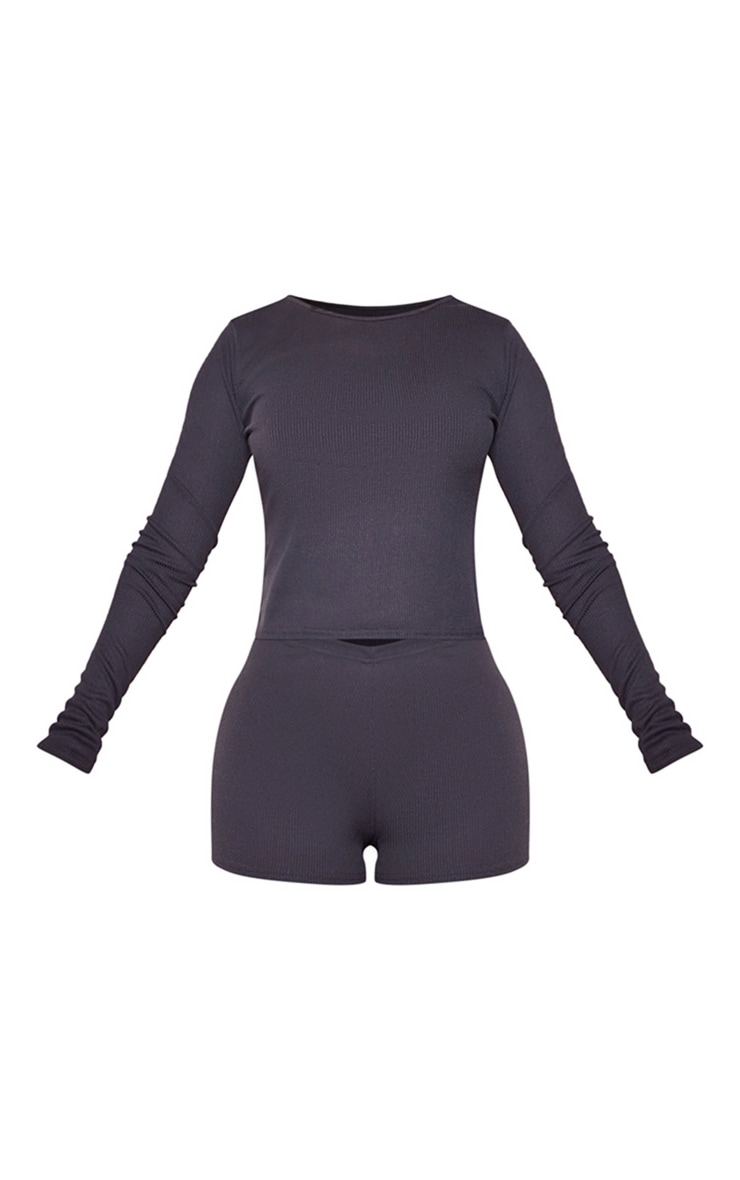 Charcoal Soft Rib Long Sleeve Top And Shorts Pj Set image 5